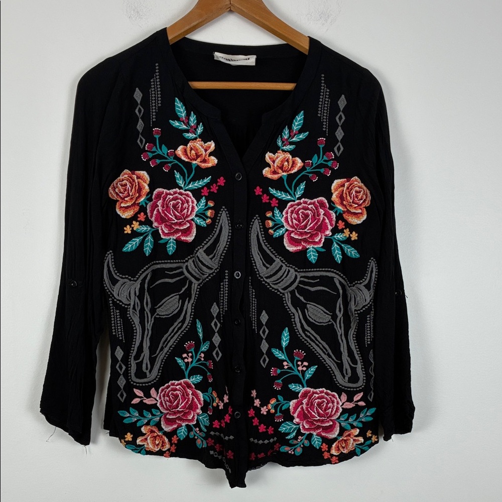 Savanna Jane Women’s Small Black Tunic Floral Embroidery Bull Skull Cowboy